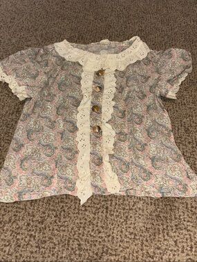 Vintage Handmade Pink Beige Paisley Lace-Trim Cotton Top XS S